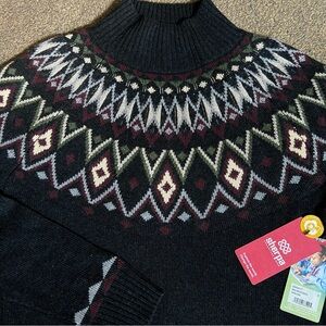 RARE Sherpa Adventure gear Fair Isle Nordic Sweater S BLACK Indu Multi Merino